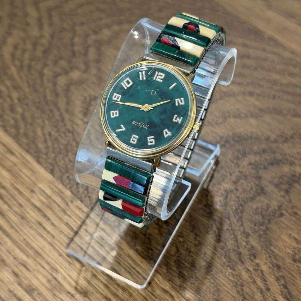 Vintage Ecclissi Womens Quartz Watch Green Malachite Stone Southwest Inlay Gold